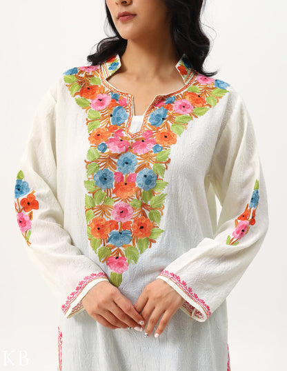 Off-White Floral Aari Work Cotton Kurti - Kashmir Box