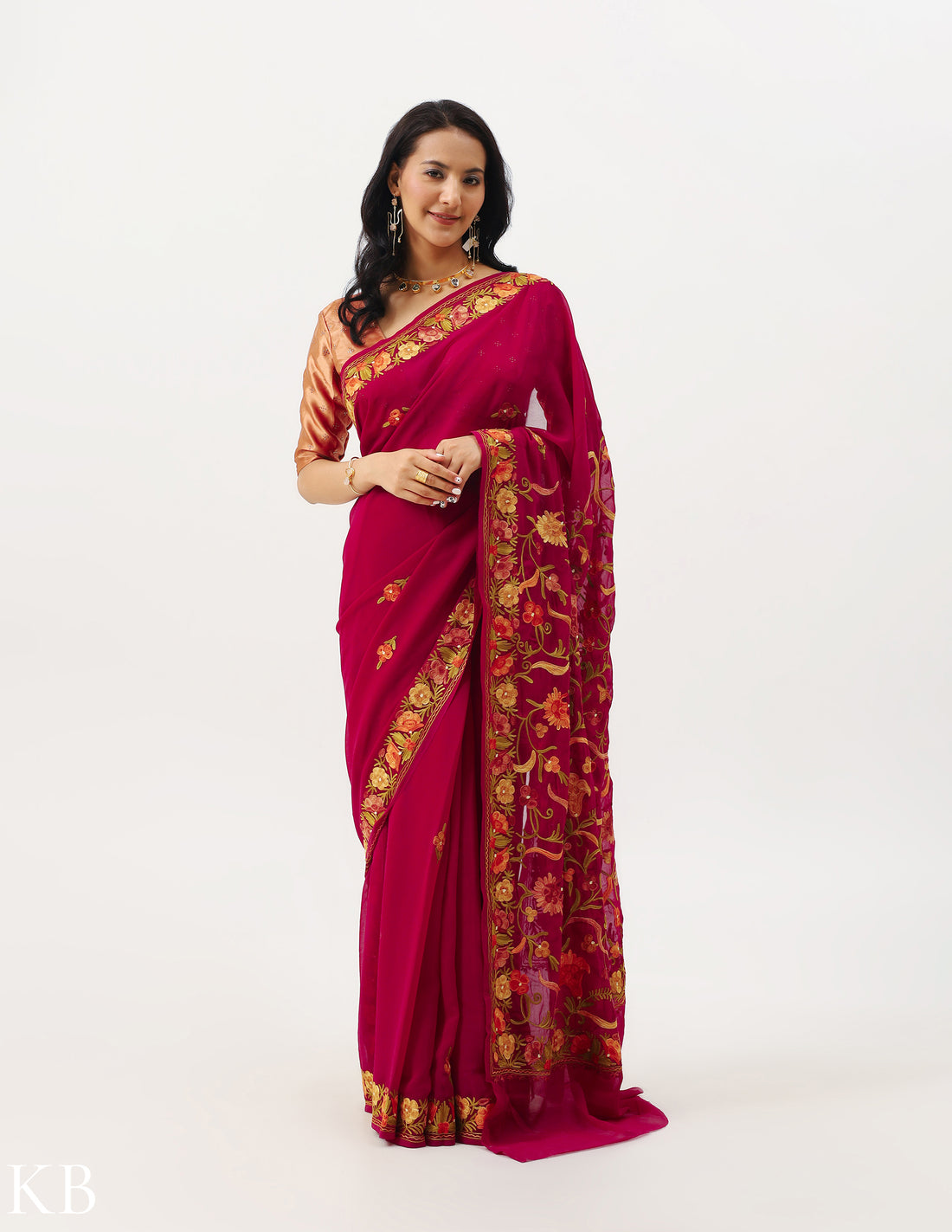 Magenta Georgette Aari Embroidered Saree - Kashmir Box
