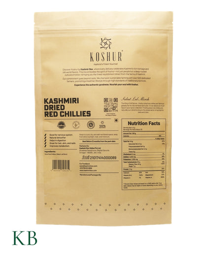 Koshur - Kashmiri Dried Red Chillies| Sabut Lal Mirch | Spices and Herbs | Whole Dried Chillies | No Added Flavors and Colors | Sun Dried Fresh Red Chillies - Kashmir Box