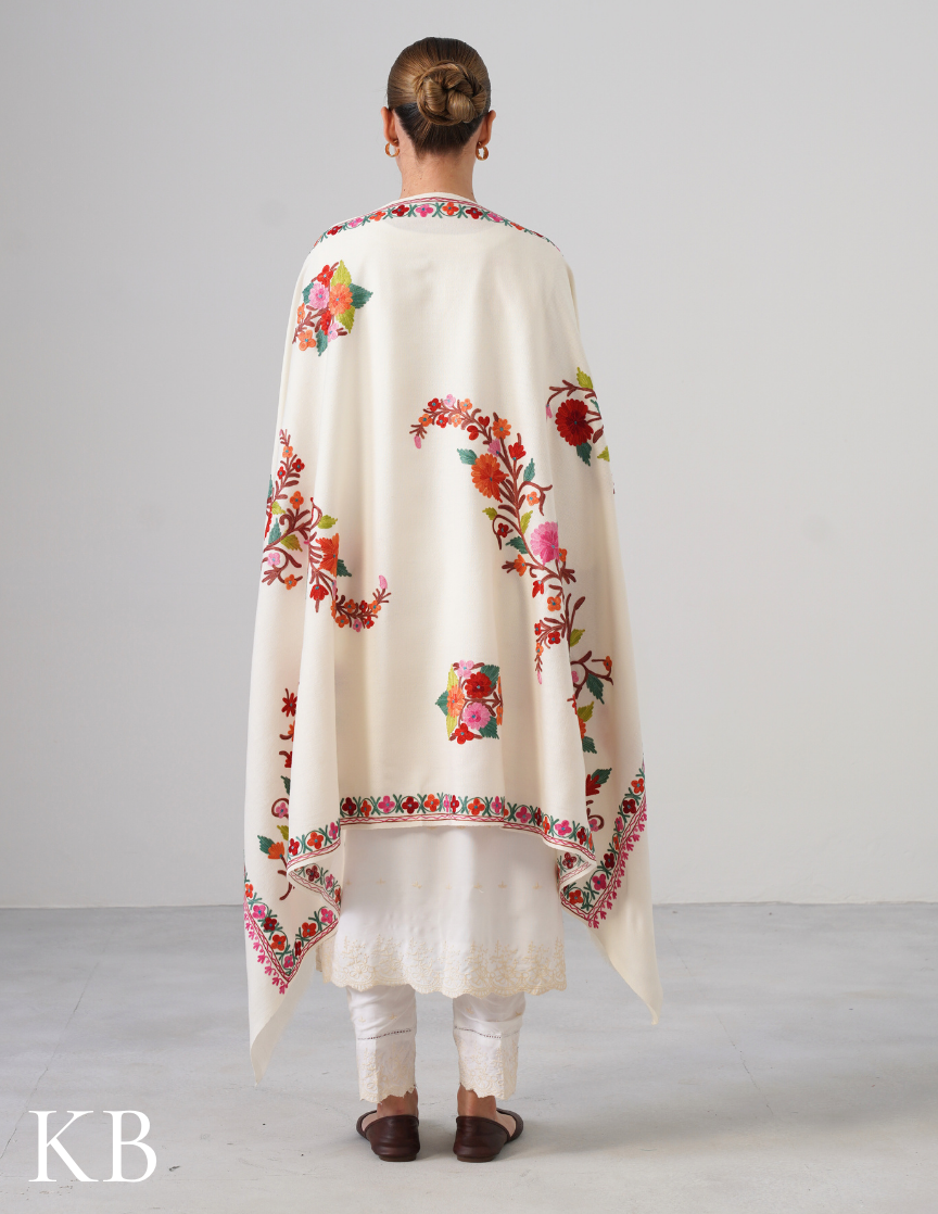 White Aari Work Cashmilon Shawl - Kashmir Box