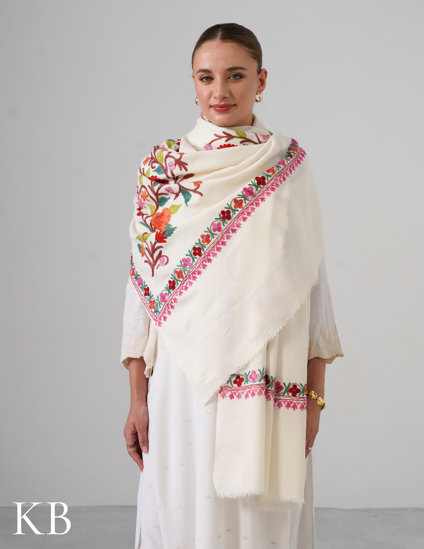White Aari Work Cashmilon Shawl - Kashmir Box