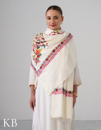 White Aari Work Cashmilon Shawl - Kashmir Box