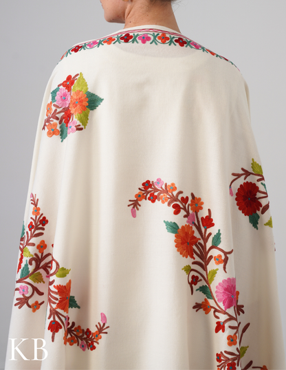 White Aari Work Cashmilon Shawl - Kashmir Box