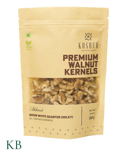Koshur - Premium Walnut Kernels | Snow White Quarter (Milky) | Akhrot | Kashmiri Walnuts | Walnuts Without Shell | Dried Walnut Kernels | High in Natural Oils | Omega-3 Vegan | Good for Brain  Nuts &amp; Dry Fruits - Kashmir Box