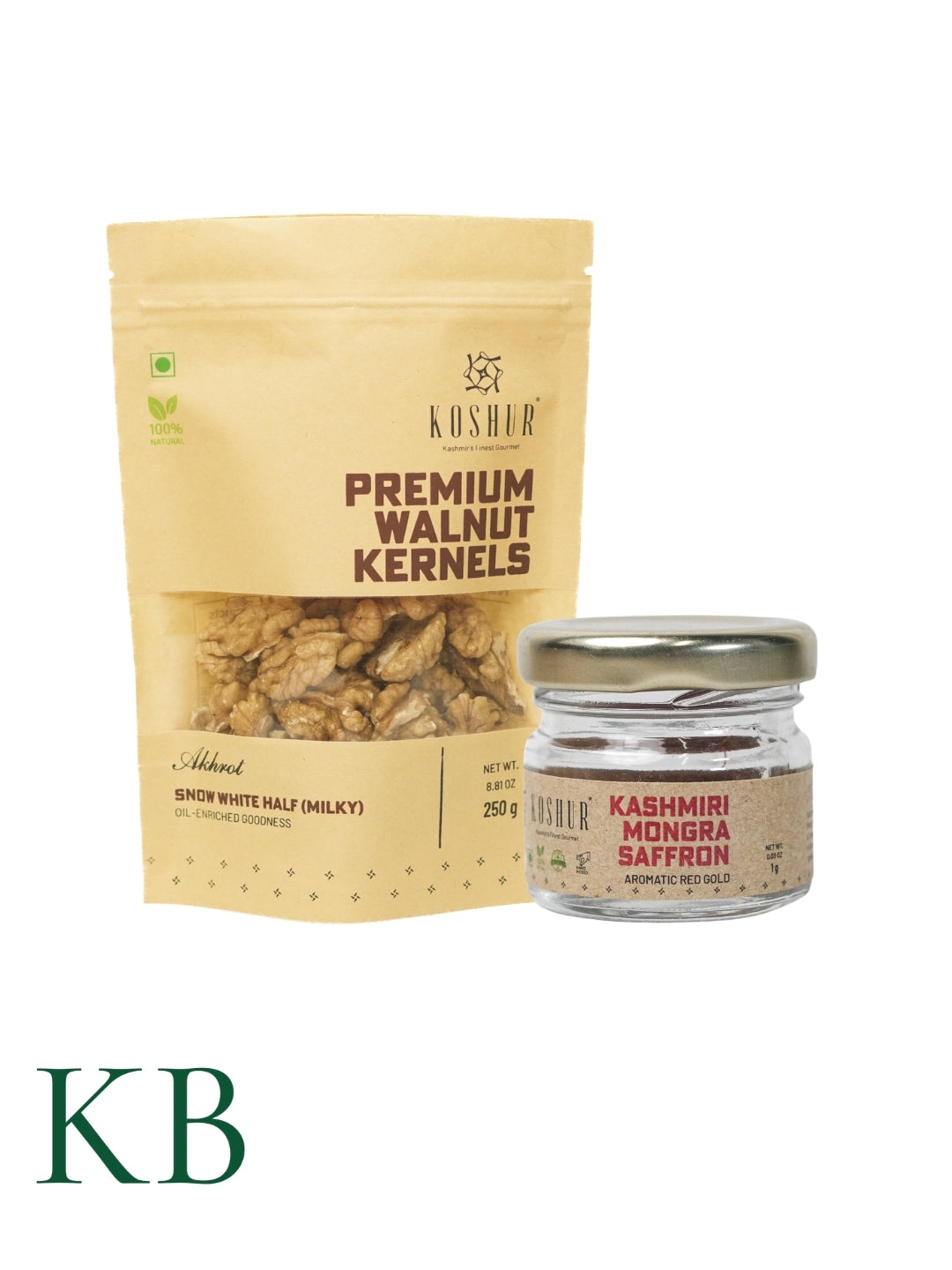 Koshur Walnut Kernels Snow White Half (Milky) and Mongra Saffron Combo - Kashmir Box