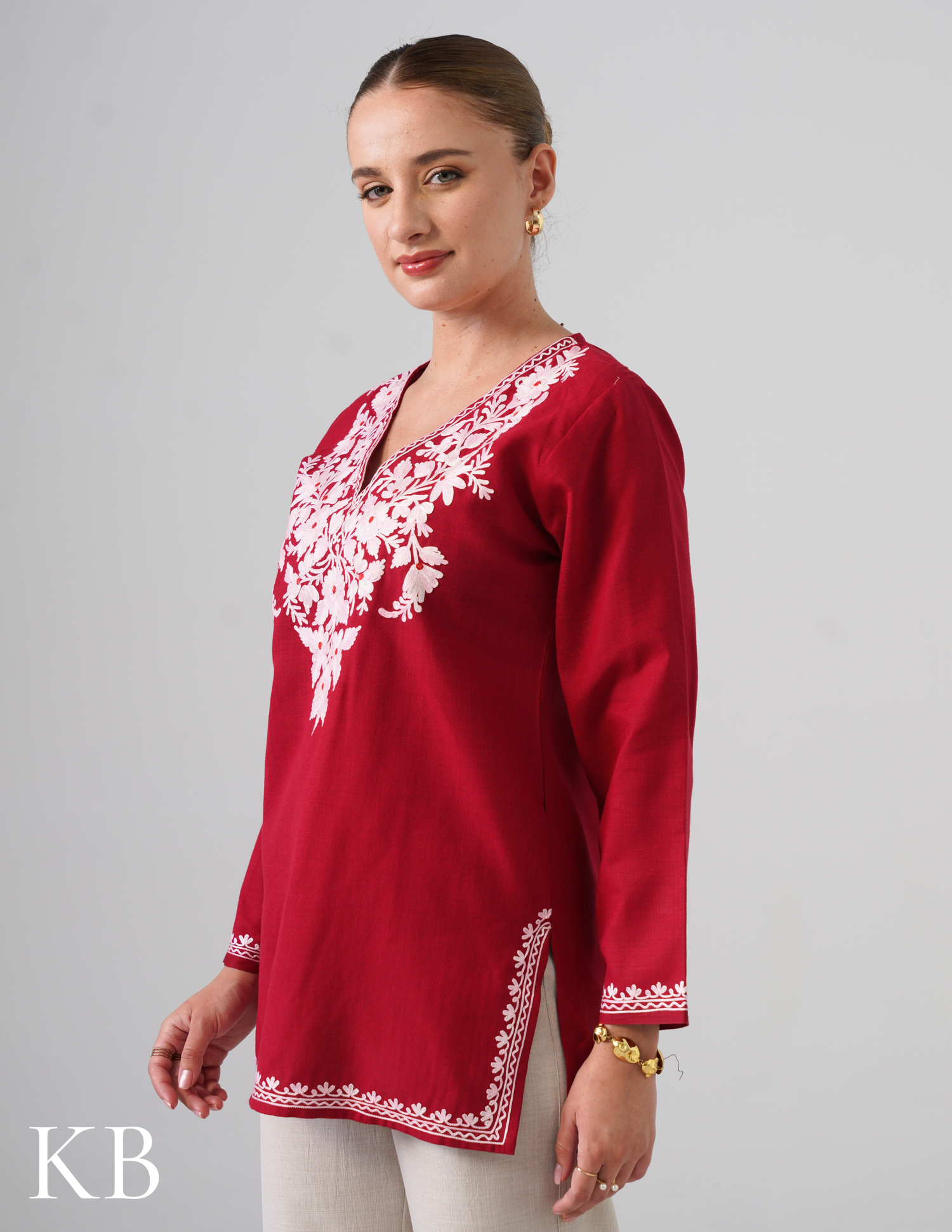 Blush Aari Embroidery Maroon Cotton Top - Kashmir Box