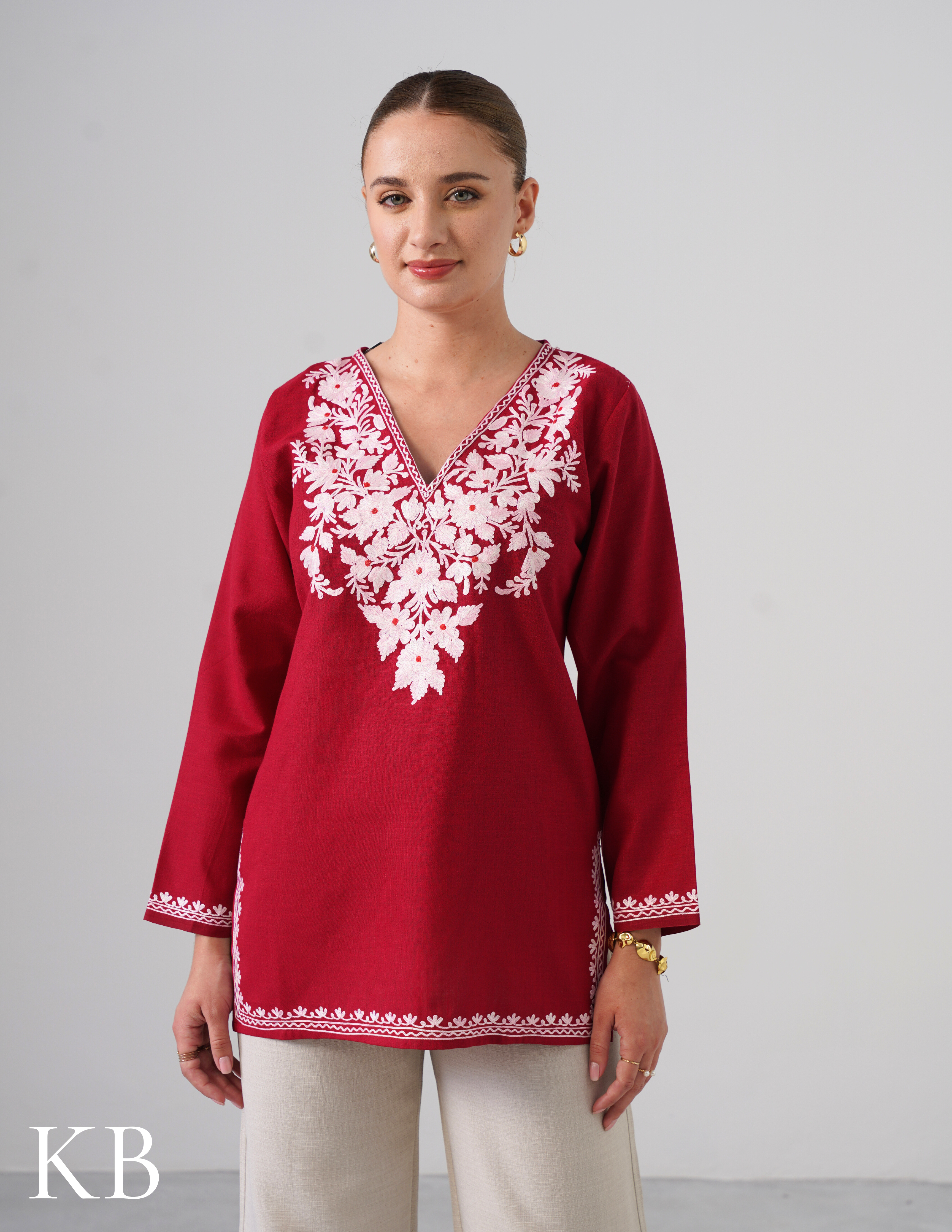 Blush Aari Embroidery Maroon Cotton Top - Kashmir Box