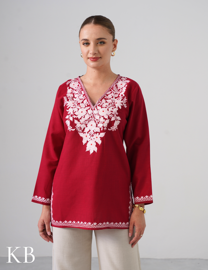 Blush Aari Embroidery Maroon Cotton Top - Kashmir Box