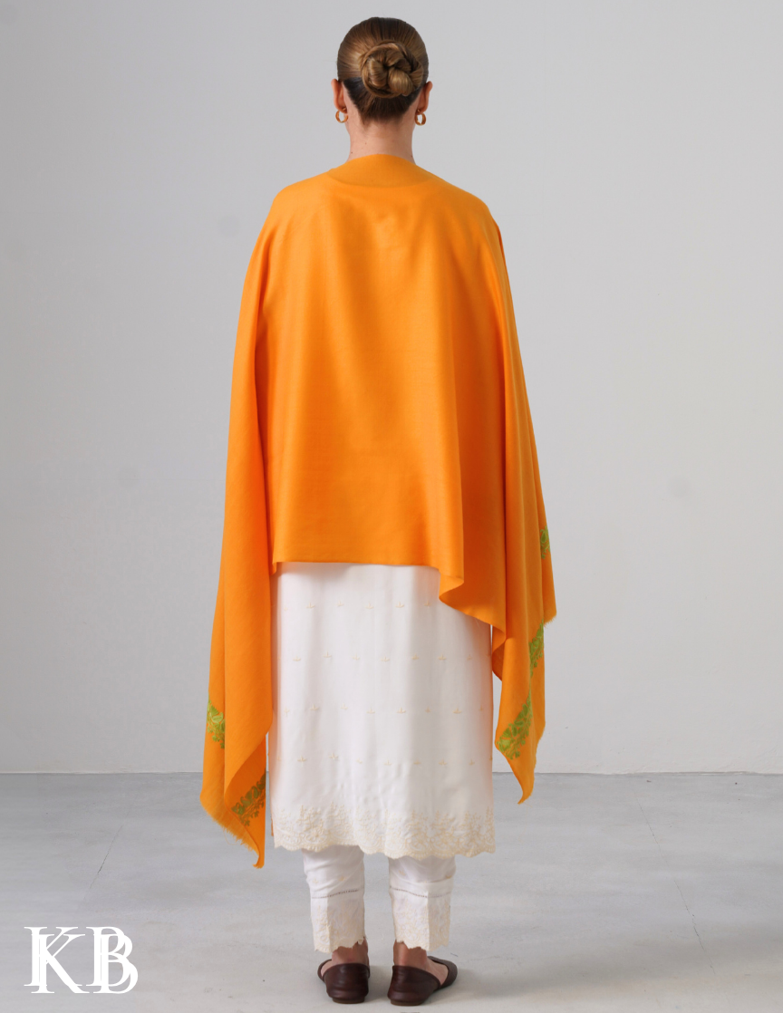 Sun Yellow Woollen Stole with Green Aari Embroidery | Bright Kashmiri Accent - Kashmir Box