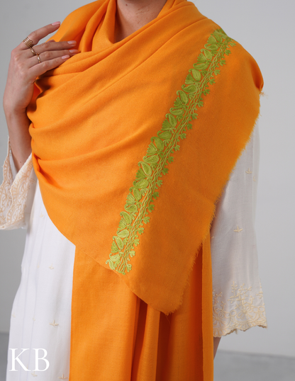 Sun Yellow Woollen Stole with Green Aari Embroidery | Bright Kashmiri Accent - Kashmir Box
