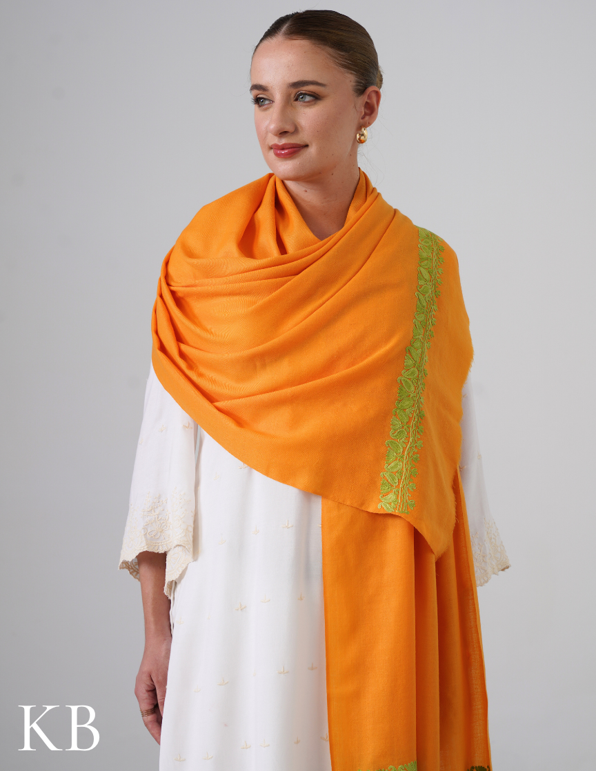 Sun Yellow Woollen Stole with Green Aari Embroidery | Bright Kashmiri Accent - Kashmir Box