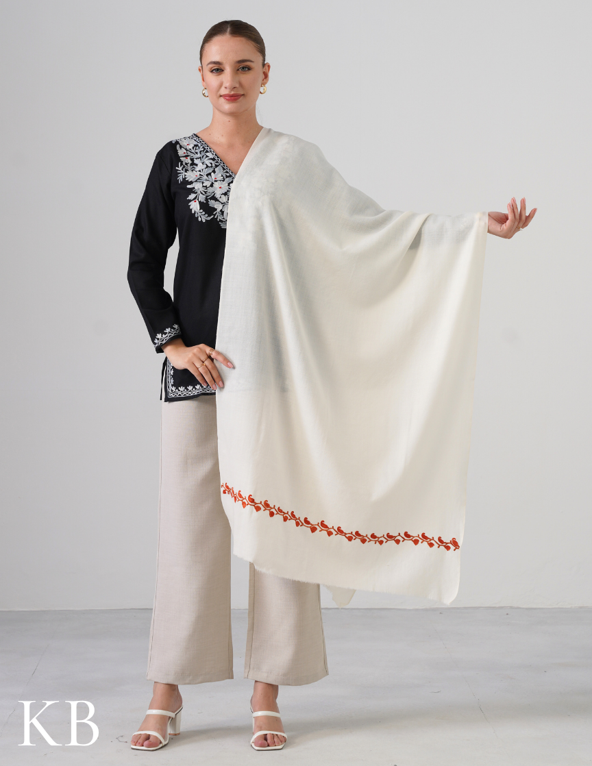 White Woollen Stole with Rust Orange Aari Embroidery | Minimal &amp; Timeless - Kashmir Box