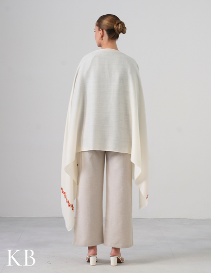 White Woollen Stole with Rust Orange Aari Embroidery | Minimal &amp; Timeless - Kashmir Box