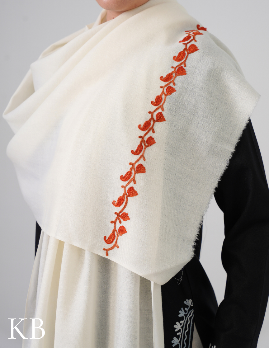 White Woollen Stole with Rust Orange Aari Embroidery | Minimal &amp; Timeless - Kashmir Box