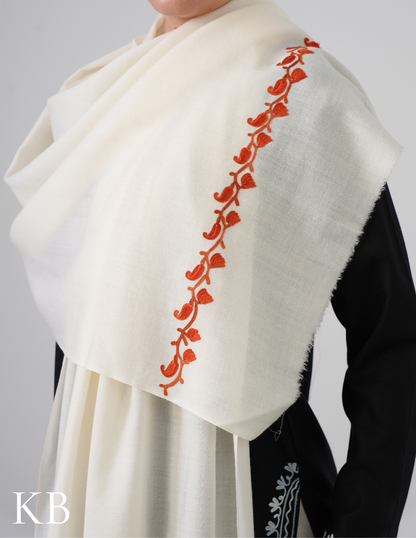 White Woollen Stole with Rust Orange Aari Embroidery | Minimal &amp; Timeless - Kashmir Box