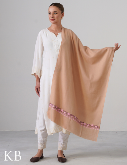 Latte Brown Stole with Pink &amp; Lavender Aari Embroidery | Subtle Daily Luxury - Kashmir Box
