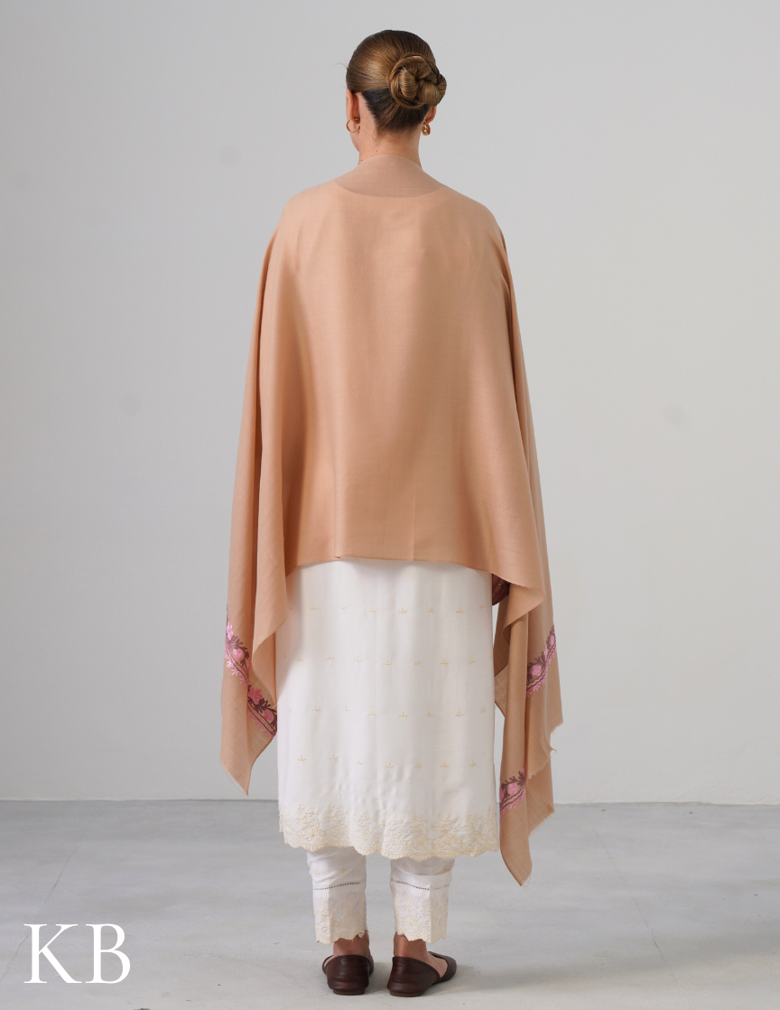Latte Brown Stole with Pink &amp; Lavender Aari Embroidery | Subtle Daily Luxury - Kashmir Box