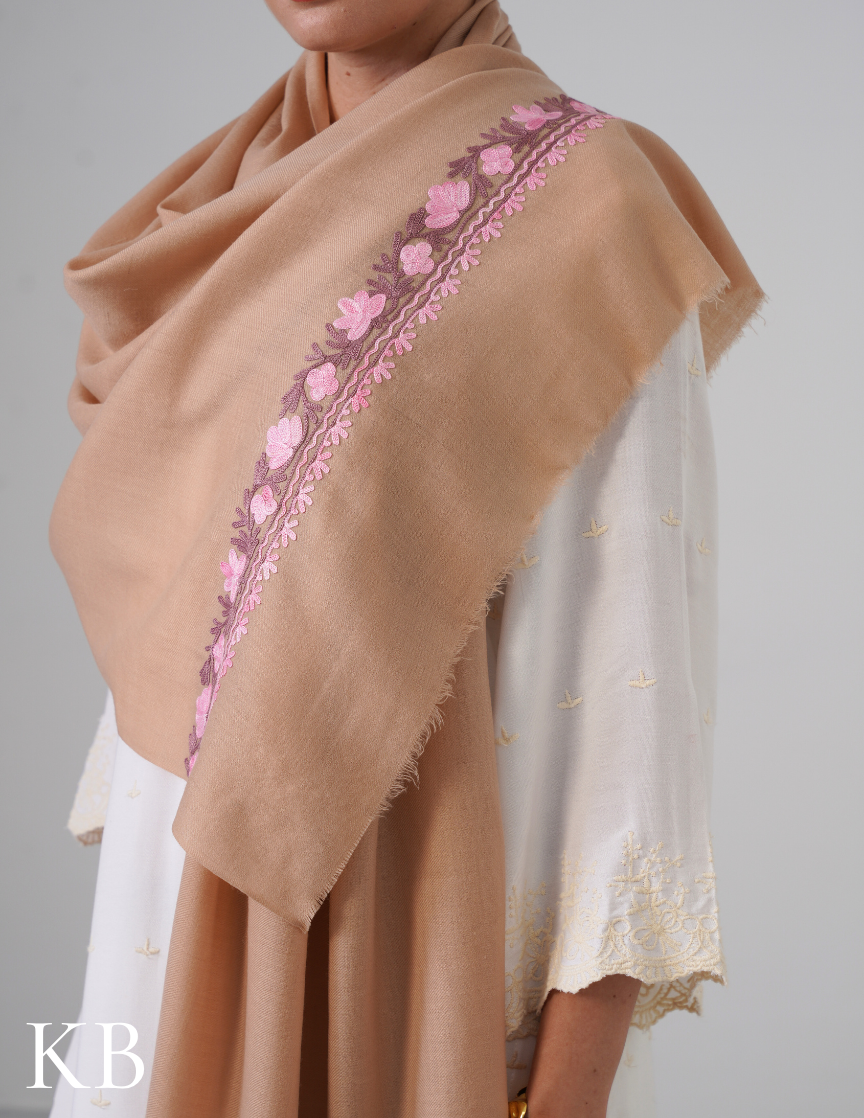 Latte Brown Stole with Pink &amp; Lavender Aari Embroidery | Subtle Daily Luxury - Kashmir Box