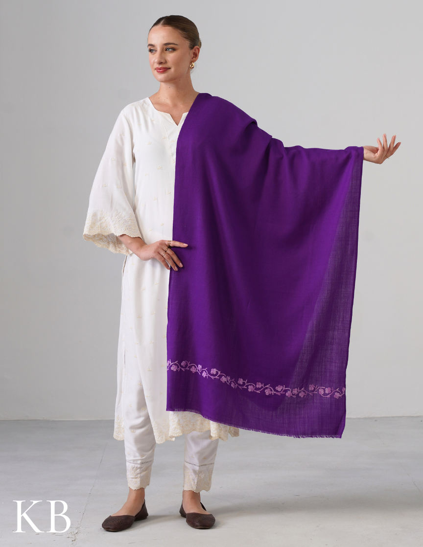 Royal Purple Woollen Stole with Lavender Aari Embroidery | Everyday Elegance - Kashmir Box