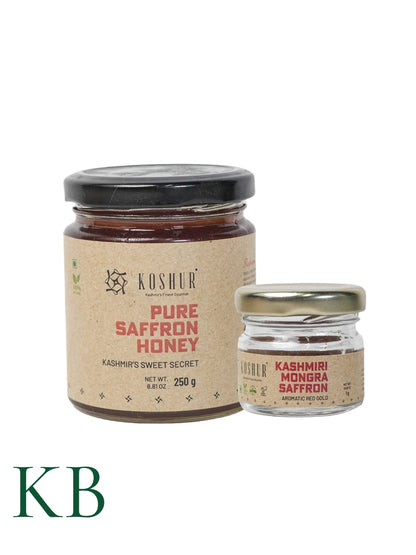 Koshur Saffron Infused White Honey and Mongra Saffron Combo - Kashmir Box