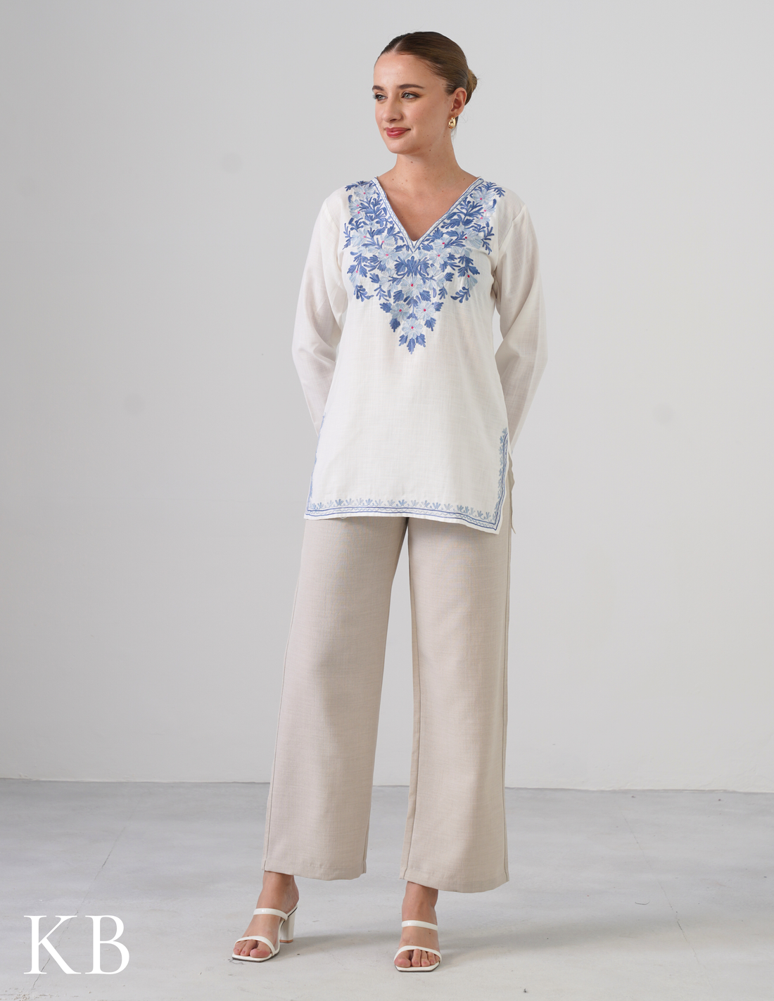 White Embroidered Short Kurti for Women - Cotton Aari Work - Kashmir Box