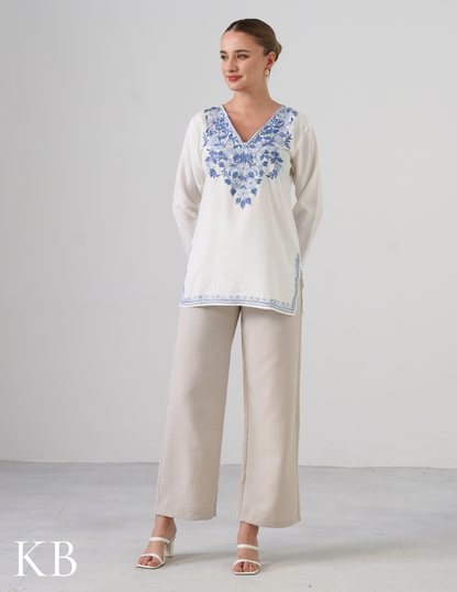 White Embroidered Short Kurti for Women - Cotton Aari Work - Kashmir Box