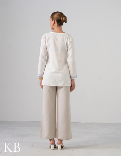 White Embroidered Short Kurti for Women - Cotton Aari Work - Kashmir Box