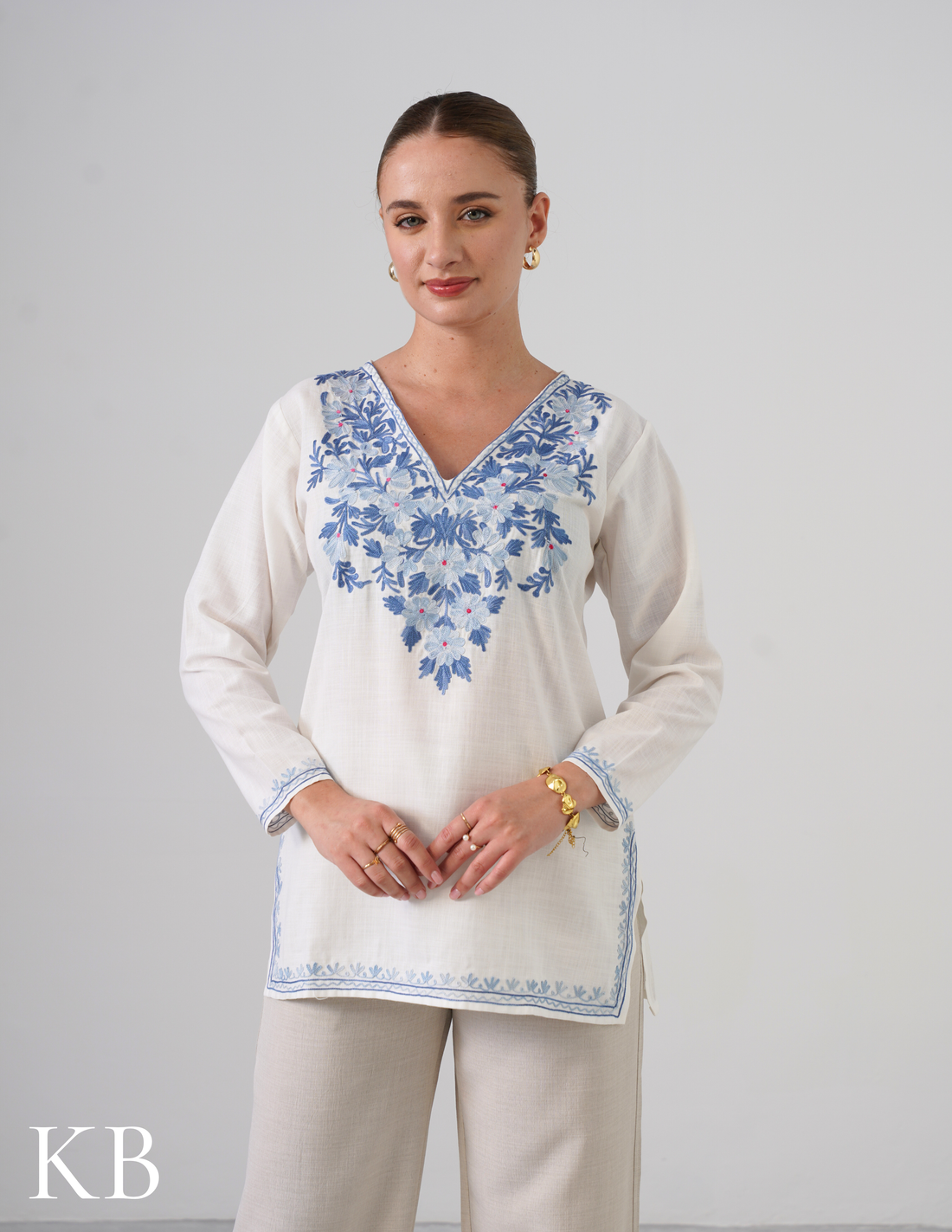 White Embroidered Short Kurti for Women - Cotton Aari Work - Kashmir Box