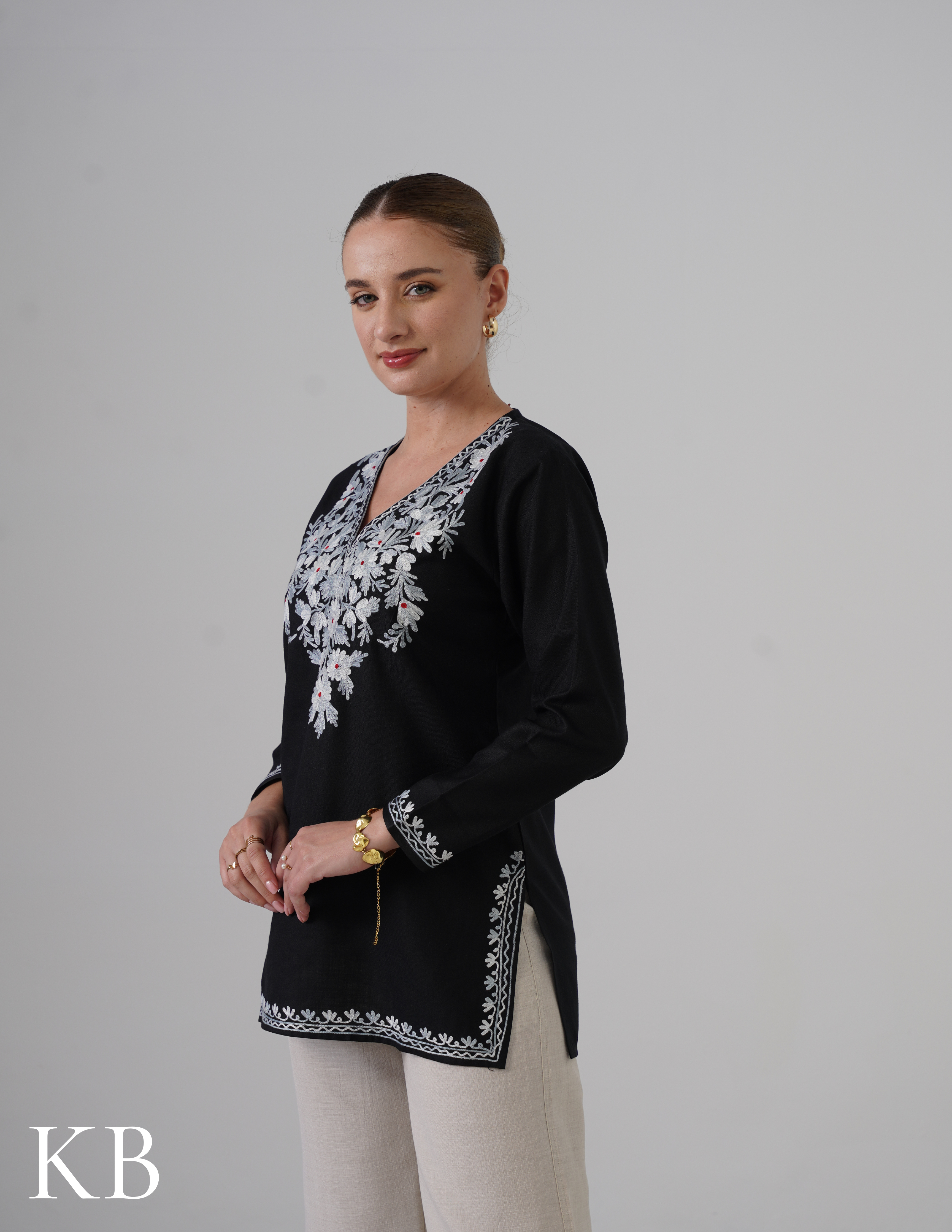 Black Embroidered Short Kurti for Women - Cotton Aari Work - Kashmir Box