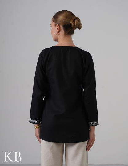 Black Embroidered Short Kurti for Women - Cotton Aari Work - Kashmir Box