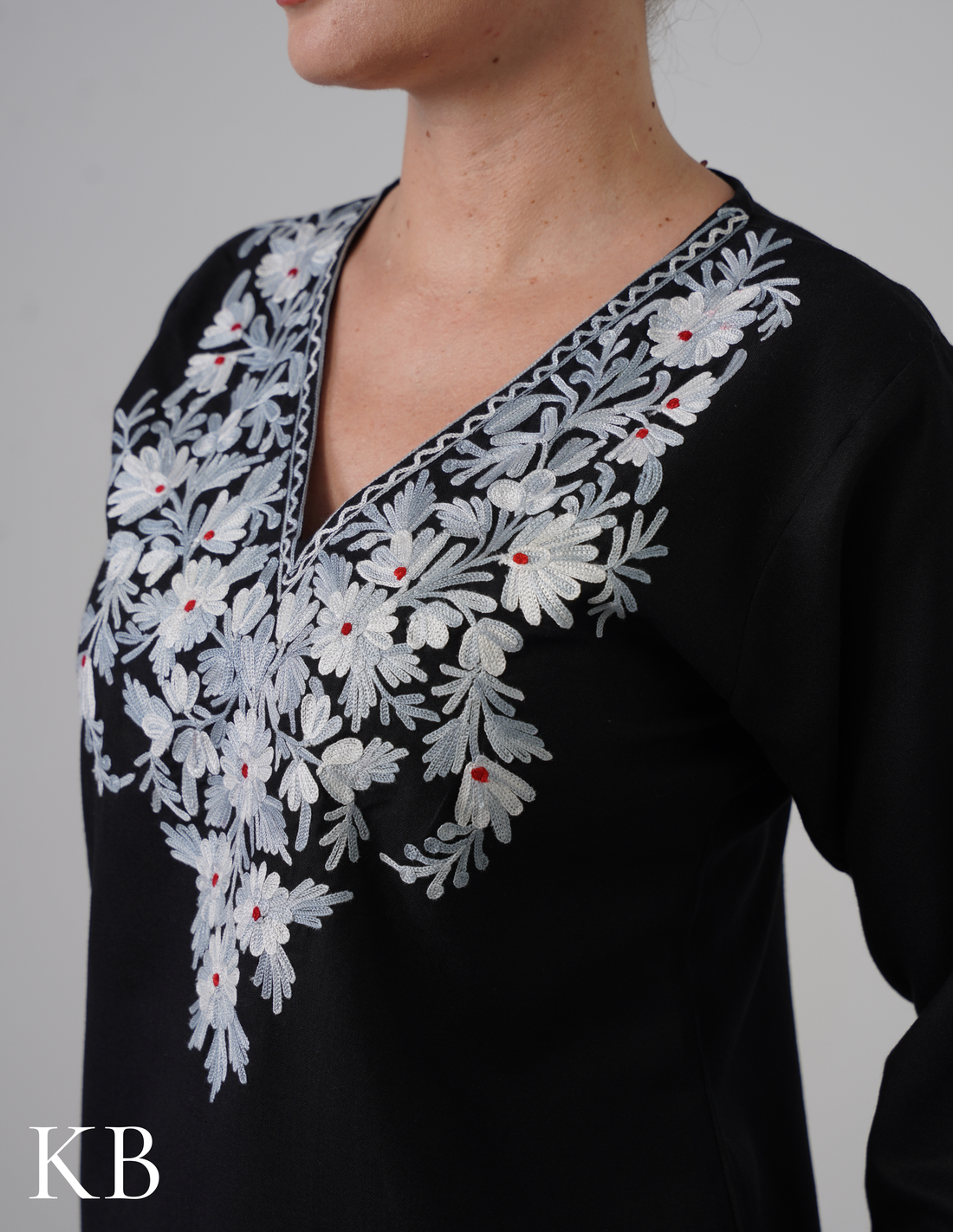 Black Embroidered Short Kurti for Women - Cotton Aari Work - Kashmir Box