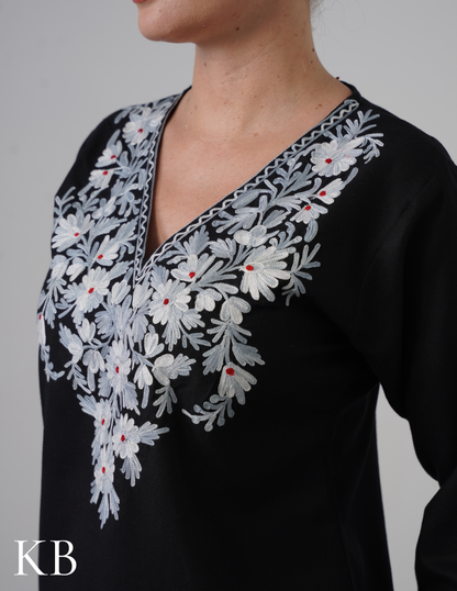 Black Embroidered Short Kurti for Women - Cotton Aari Work - Kashmir Box