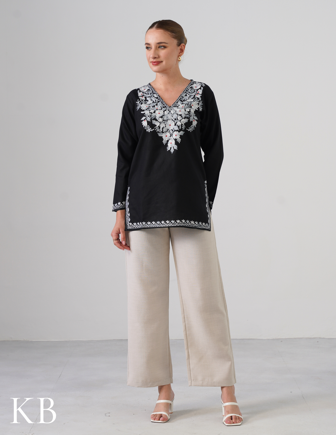 Black Embroidered Short Kurti for Women - Cotton Aari Work - Kashmir Box