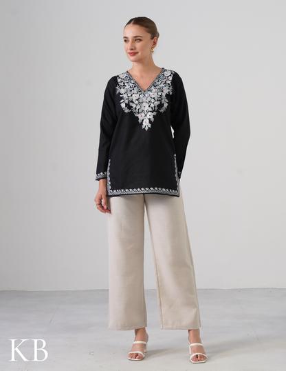 Black Embroidered Short Kurti for Women - Cotton Aari Work - Kashmir Box