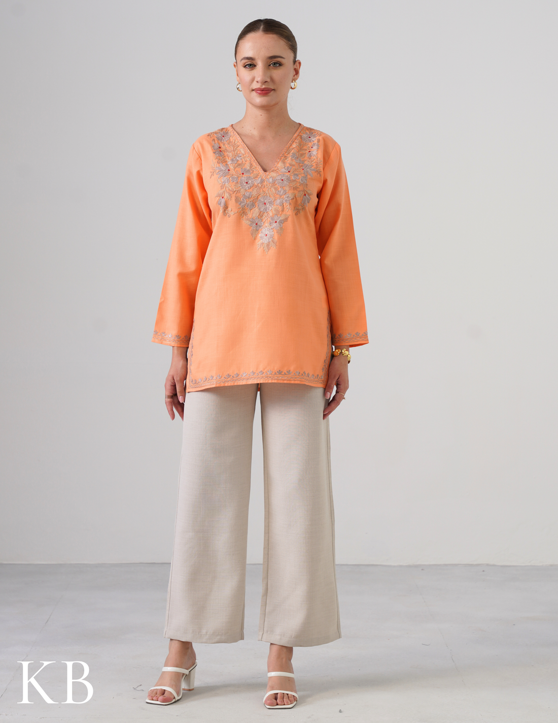 Peach Embroidered Short Kurti for Women - Cotton Aari Work - Kashmir Box