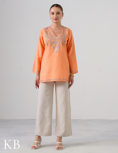 Peach Embroidered Short Kurti for Women - Cotton Aari Work - Kashmir Box