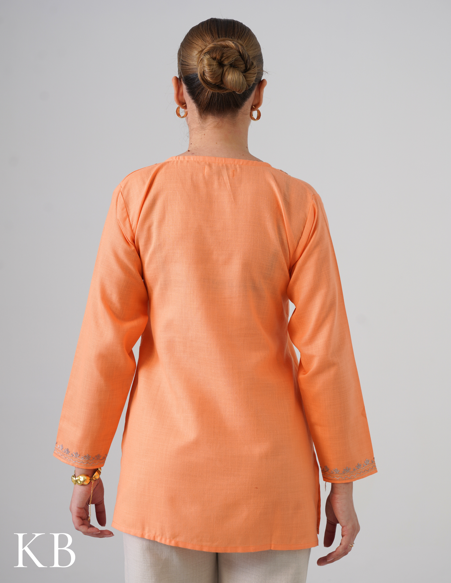 Peach Embroidered Short Kurti for Women - Cotton Aari Work - Kashmir Box
