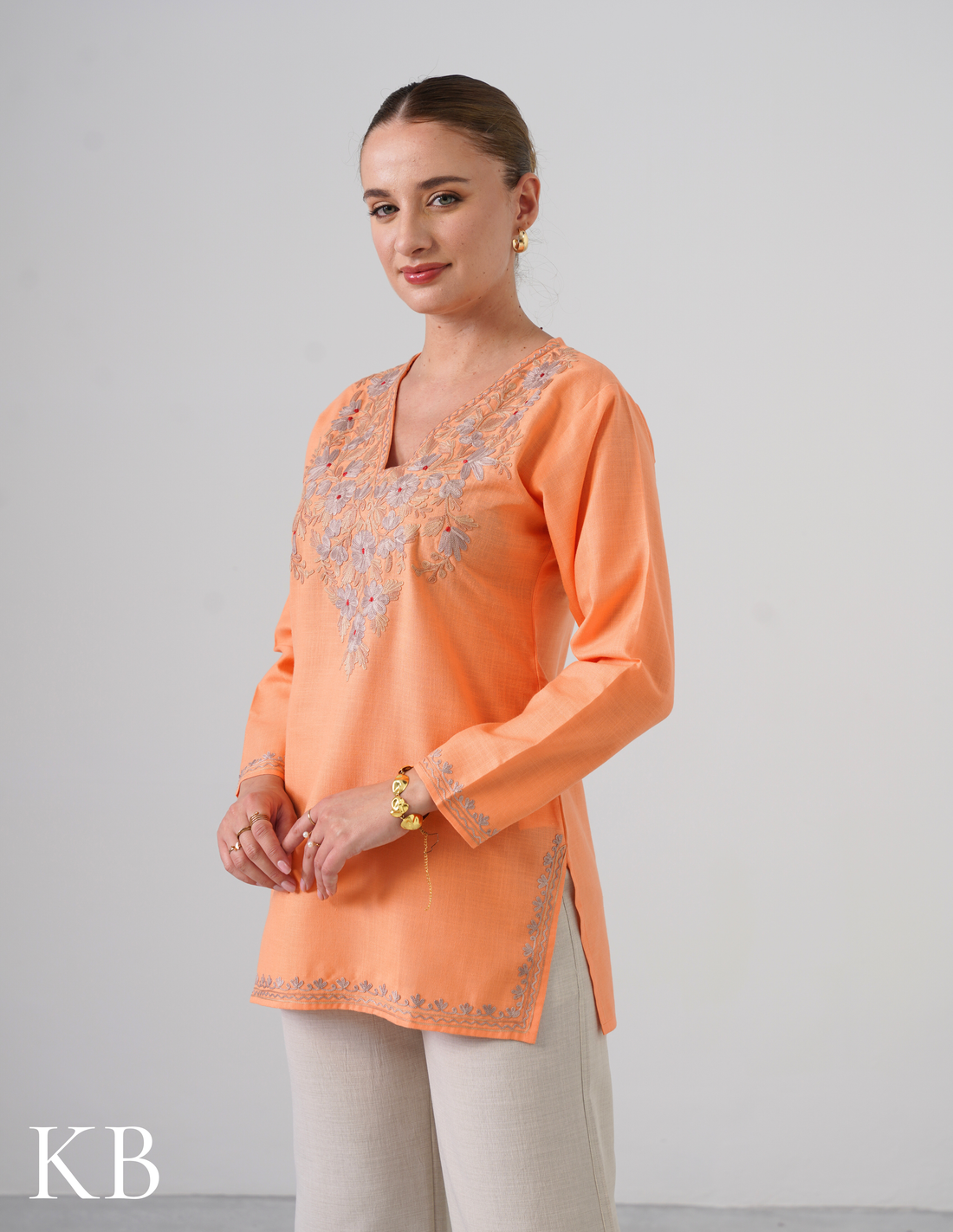 Peach Embroidered Short Kurti for Women - Cotton Aari Work - Kashmir Box