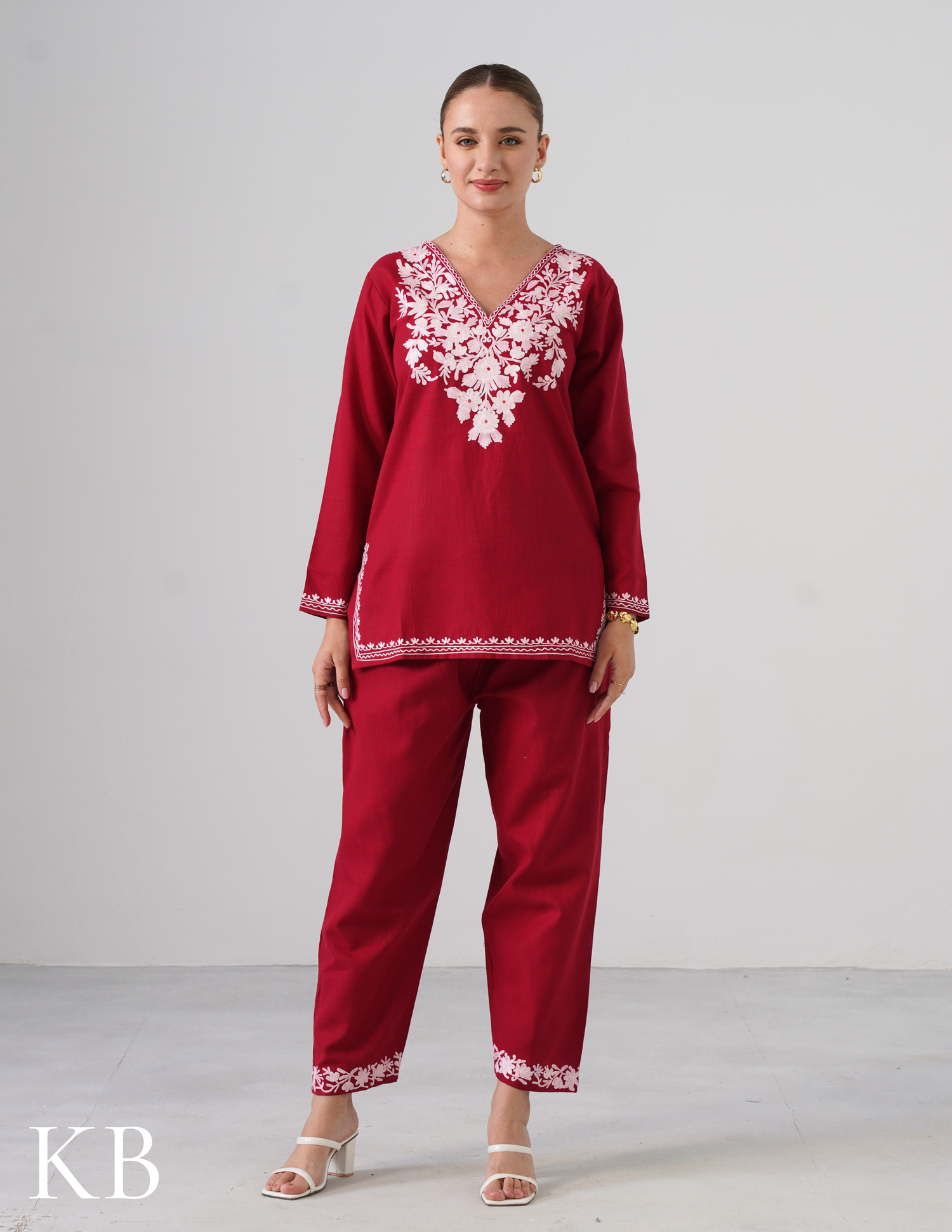 Blush Maroon Embroidered Coord Set For Women - Cotton Aari Work - Kashmir Box
