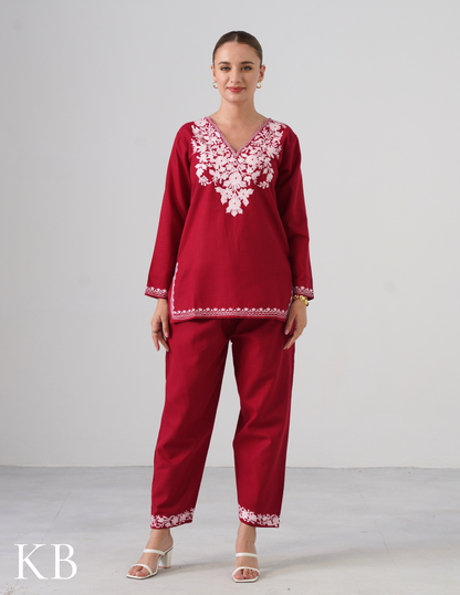 Blush Maroon Embroidered Coord Set For Women - Cotton Aari Work - Kashmir Box