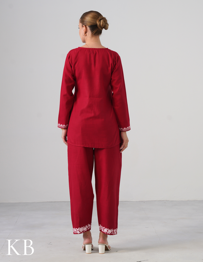 Blush Maroon Embroidered Coord Set For Women - Cotton Aari Work - Kashmir Box