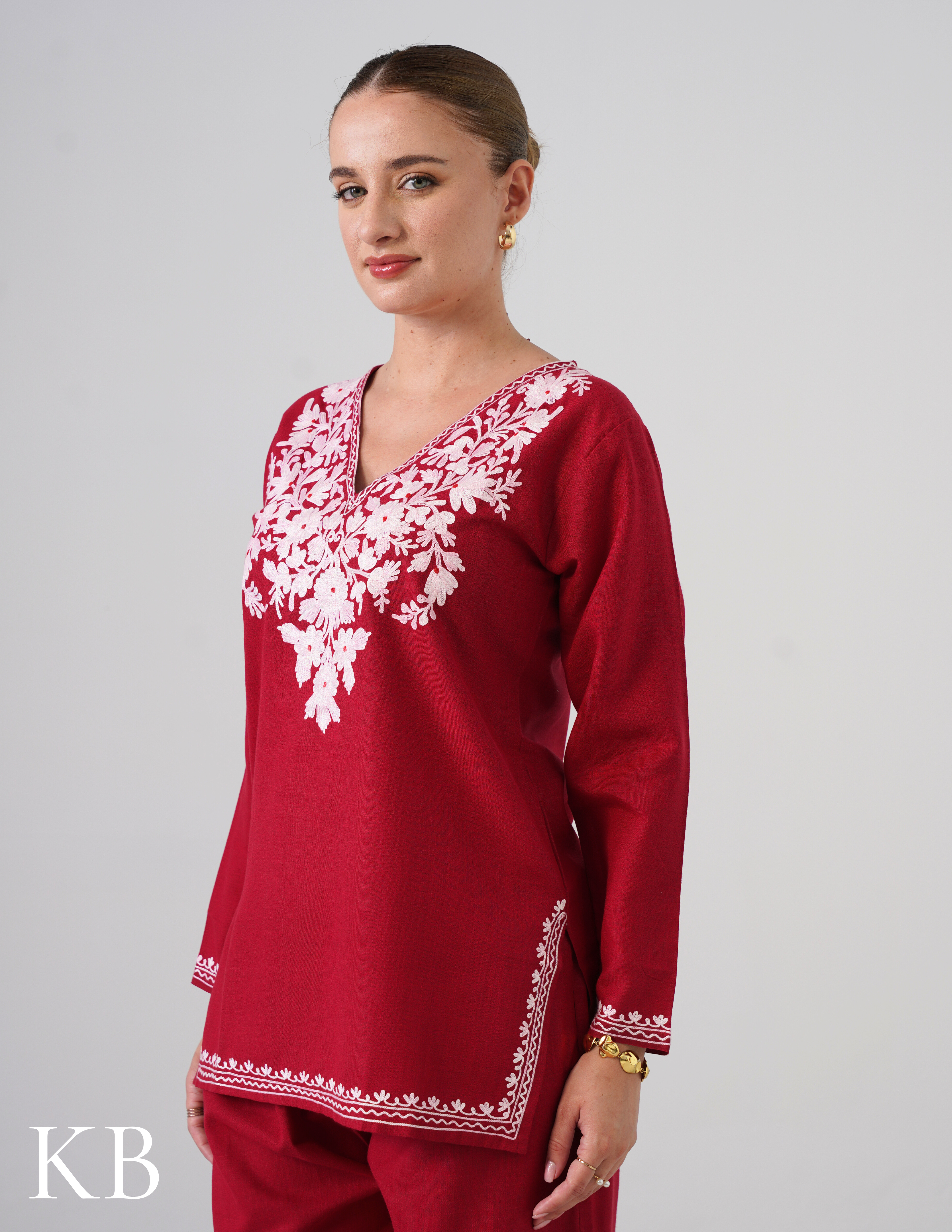 Blush Maroon Embroidered Coord Set For Women - Cotton Aari Work - Kashmir Box