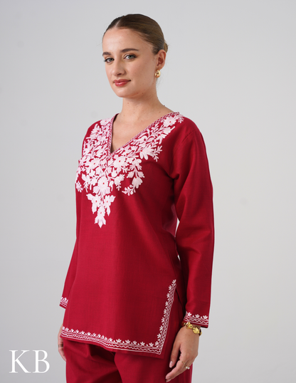 Blush Maroon Embroidered Coord Set For Women - Cotton Aari Work - Kashmir Box