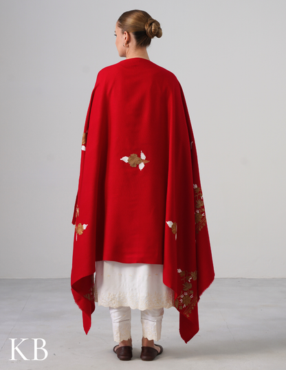 Cherry Red Woollen Shawl with White &amp; Golden Brown Aari Embroidery | Kashmiri Craft Meets Comfort - Kashmir Box