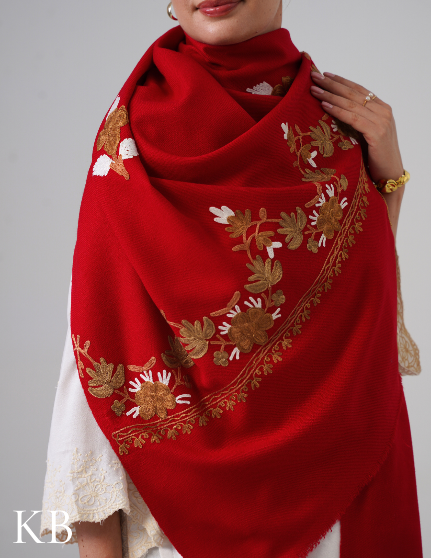 Cherry Red Woollen Shawl with White &amp; Golden Brown Aari Embroidery | Kashmiri Craft Meets Comfort - Kashmir Box