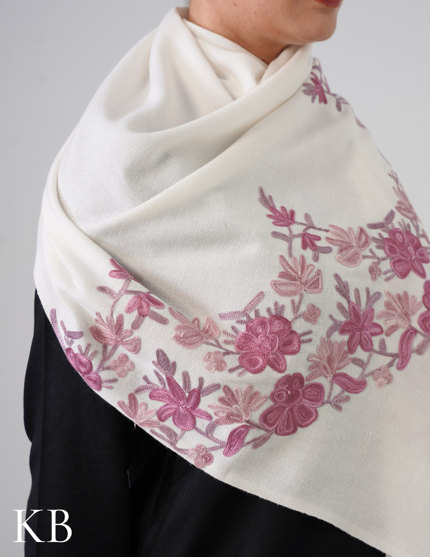 White Woollen Stole with Shades of Lavender Aari Work | Subtle Kashmiri Detailing - Kashmir Box