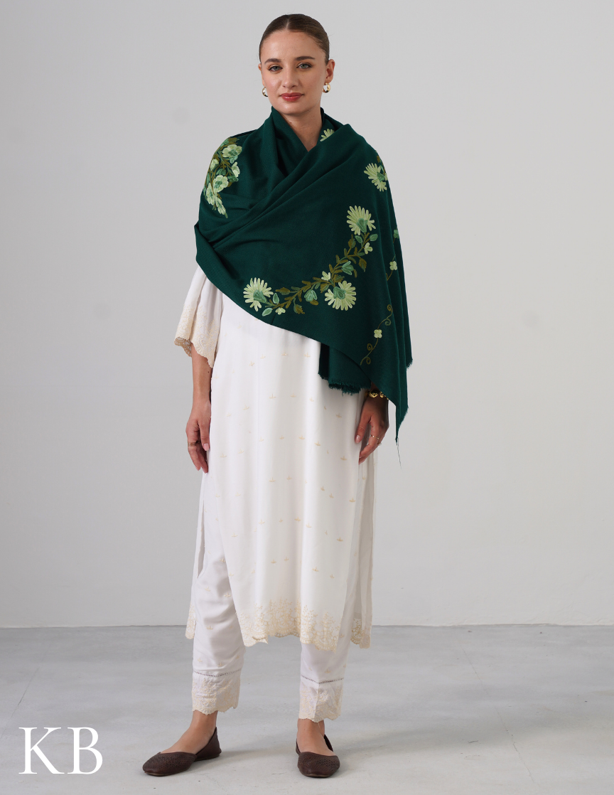 Avocado Green Woollen Stole with Pastel Aari Embroidery | Everyday Kashmiri Craft - Kashmir Box