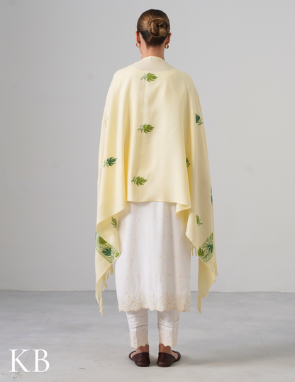 Butter Cream Woollen Stole with Shades of Green Aari Embroidery | Subtle Kashmiri Detailing - Kashmir Box
