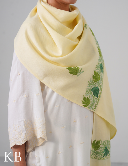 Butter Cream Woollen Stole with Shades of Green Aari Embroidery | Subtle Kashmiri Detailing - Kashmir Box