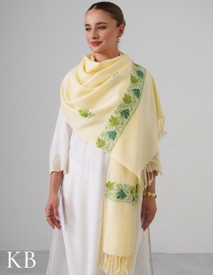 Butter Cream Woollen Stole with Shades of Green Aari Embroidery | Subtle Kashmiri Detailing - Kashmir Box